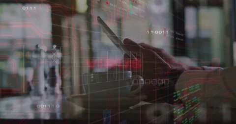 Man tapping smartphone at cafe, HUD appearing and analyzing VIRUS security code Stock Footage 334185105