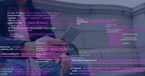Man tapping smartphone, causing pink white code overlays drifting across stone Video stock 329812746