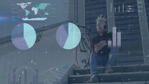 Man tapping smartphone on concrete steps, viewing finance charts and world map Stock Footage 309112626