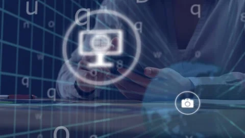 Man tapping smartphone at desk, causing 3D grid and app icons moving toward Stock Footage 335739169