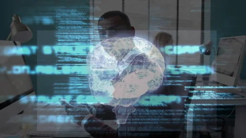 Man tapping smartphone initiating code and rotating holographic brain Stock Footage 314745286