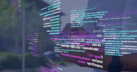 Man tapping smartphone outside causing cyan magenta code layers wrapping phone Stock Footage 330160662