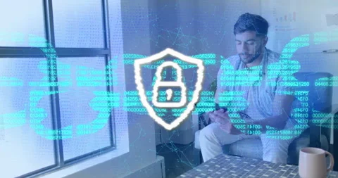 Man tapping smartphone revealing security data overlay, cycling sphere-shield Stock Footage 315478570