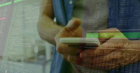 Man tapping smartphone screen activating encryption process as code and numbers Stock Footage 317741187