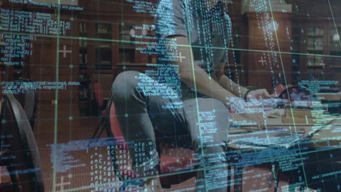 Man tapping smartphone screen and scrolling notes for review with tech code Stock Footage 312298077