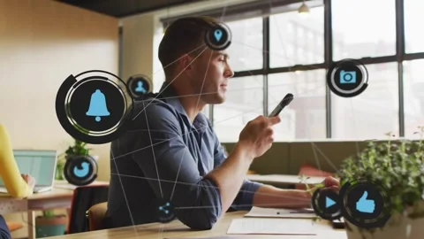 Man tapping smartphone screen and revealing animated tech icons mapping Stock Footage 317600513