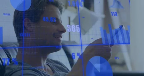 Man tapping smartphone screen on sofa and activating finance bar charts for Stock Footage 317407615