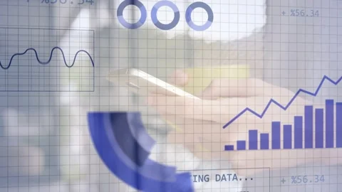 Man tapping smartphone, sparking rising charts and waveform over phone for Stock Footage 335211757