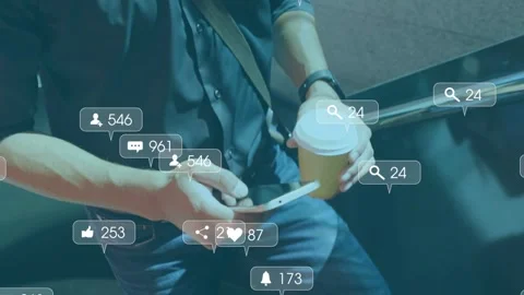Man tapping smartphone on stair causing social media overlays crowding phone and Stock Footage 332956270