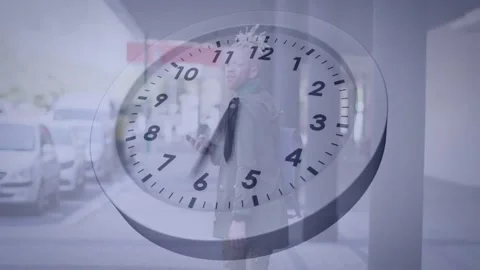 Man tapping smartphone tech and revealing translucent clock overlay showing Stock Footage 326762194