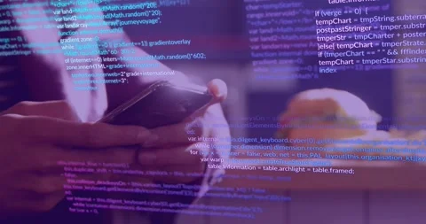 Man tapping smartphone, thumbs initiating code overlay shifting over hands while Stock Footage 330935488