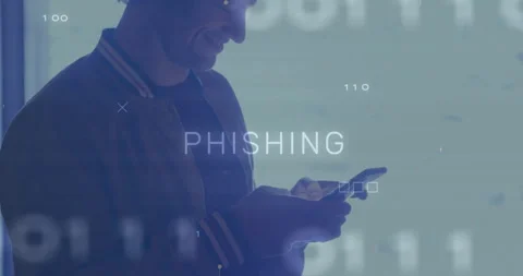 Man tapping smartphone by window, circuit lines pulsing with binary code, Stock Footage 311224492