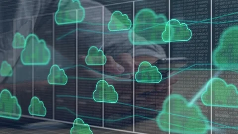 Man tapping, swiping tablet in data center, spawning neon cloud icons forming Stock Footage 335234909