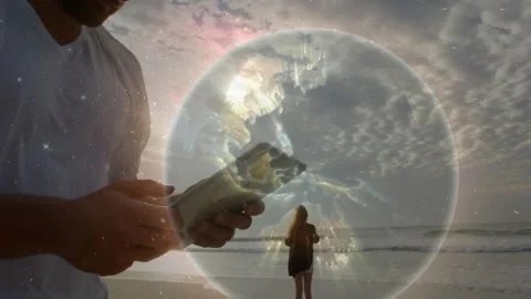Man tapping tablet and activating planet overlay, tech framing woman on Stock Footage 332281984