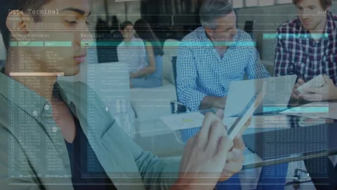 Man tapping tablet and executing deployment for system access in IT meeting with Stock Footage 314455629