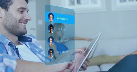 Man tapping tablet and scrolling contacts in tech, holographic menu rotating, Stock Footage 328396355