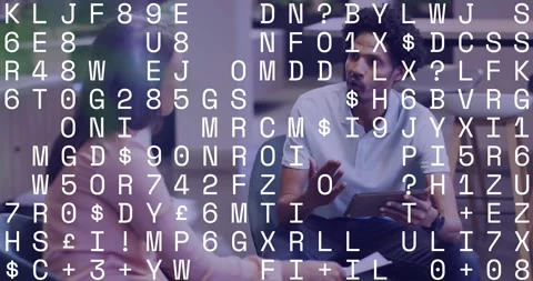 Man tapping tablet and showing business data to coworker in lounge, code overlay Stock Footage 330893735