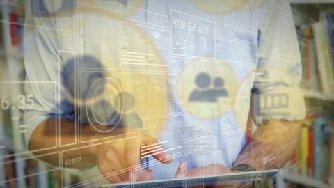 Man tapping tablet and starting tech HUD, growing user icons and data over Stock Footage 329899380
