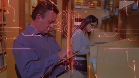 Man tapping tablet and woman typing notes at library, circuits emerging to Stock Footage 320089812