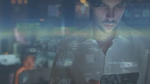 Man tapping tablet, bringing up holo UI, scrolling maps charts code, analyzing Stock Footage 334036084