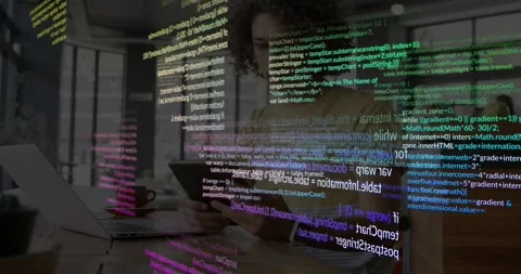 Man tapping tablet in cafe, initiating color code overlays sweeping over face Stock Footage 330540432