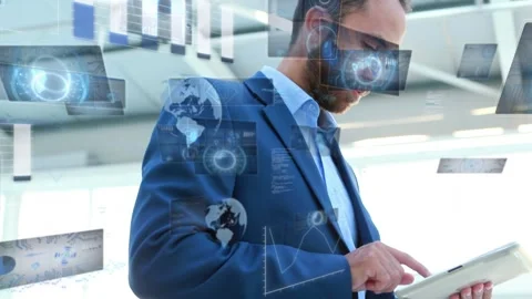 Man tapping tablet, generating charts escalating into dense data field obscuring Stock Footage 335282013