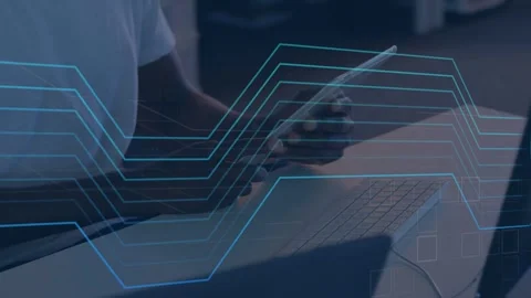 Man tapping tablet initiating cybersecurity HUD, blue data lines flowing across Stock Footage 334884190