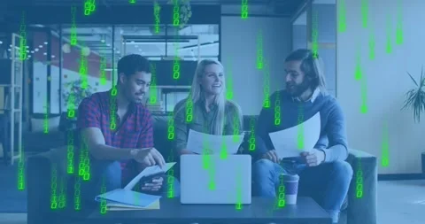 Man tapping tablet initiating digital rain while team reviewing paper and Stock Footage 318047206