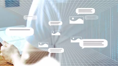 Man tapping tablet, making tech bubbles and pics drifting across wireframe grid, Stock Footage 333448862