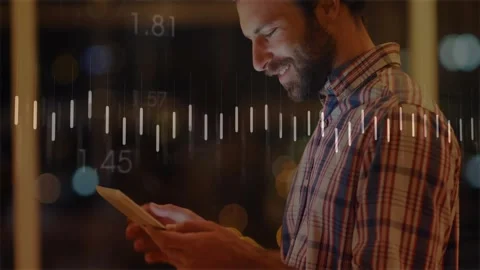 Man tapping tablet at night, waveform and vertical bars syncing to taps while Video stock 334036077