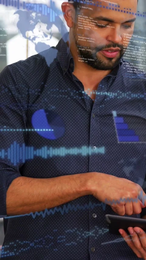 Man tapping tablet in office, creating blue waves charts and code overlaying him Stock Footage 333109851