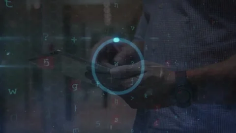 Man tapping tablet at plaza and activating floating code loading circle while Stock-Footage 313329684
