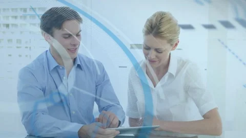 Man tapping tablet, pointing; woman touching screen and asking, business review Stockbeeldmateriaal 335739301
