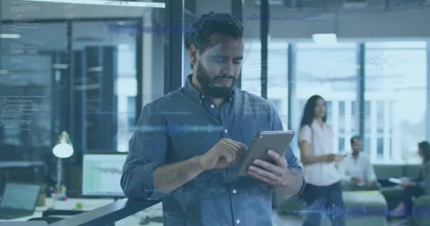 Man tapping tablet at railing pulsing data flows across office driving data Stock Footage 318476686