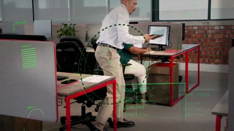 Man tapping tablet, rising and walking to woman, sharing chart data for business Stock Footage 332545087