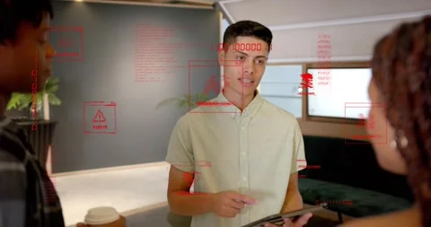 Man tapping tablet screen and demonstrating malware detection backup with red Stock Footage 318607647