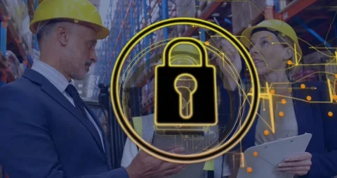 Man tapping tablet screen and warehouse team inspecting racks as padlock Video stock 329920758