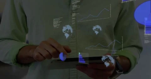 Man tapping tablet screen, initiating pie chart, globes, line graph overlay for Stock Footage 320214927