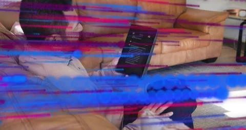 Man tapping tablet to scroll AI-generated business proposal while data streams Stock Footage 318307407