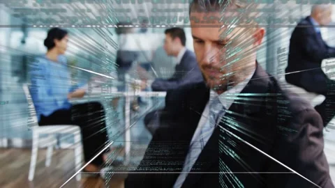Man tapping tablet, sending code converging around him, camera widening, Stock Footage 334338136