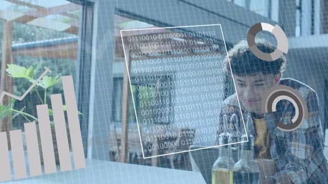 Man tapping tablet, starting HUDs for tech analysis, pie charts shifting into Stock Footage 333818291