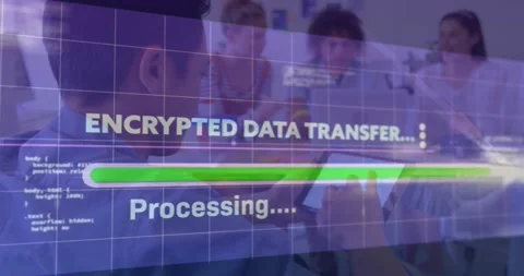 Man tapping tablet starting secure data transfer overlay as tech team watching Video stock 327128659