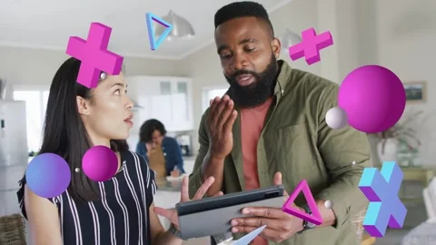 Man tapping tablet, woman pointing paper in kitchen, 3D overlays showing tech Stock Footage 334013655