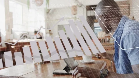 Man tapping tablet at wooden table in cafe, animated data overlays growing, Stock Footage 334338112
