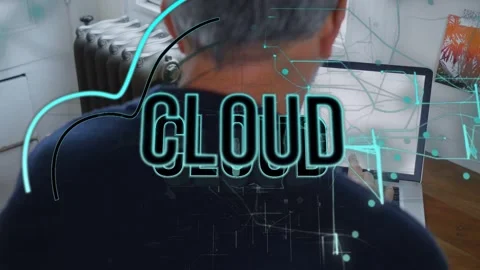 Man tapping trackpad at desk starting animated CLOUD tech with nodes growing Stock Footage 335739592