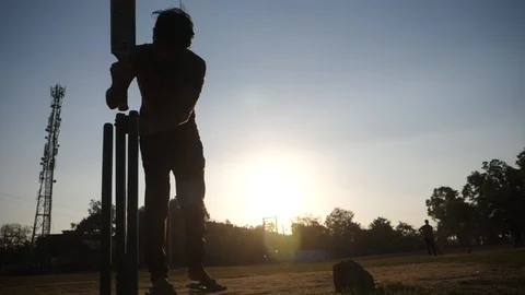 Man taps in cricket stumps with a cricket bat in slow motion Stock Footage 124659436