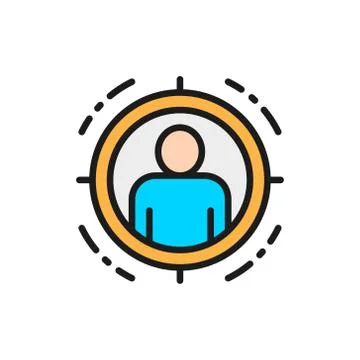 Man in target scope, identity check flat color line icon. Stock Illustration