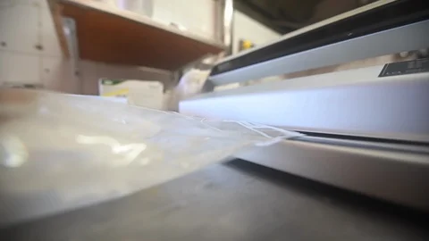 Man with tattooed arm using vacuum machine at restaurant kitchen Stock Footage 111233661