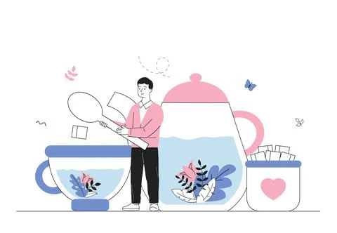 Man with tea. Young guy with kettle and mugs of hot drink. Porcelain with tea Stock Illustration