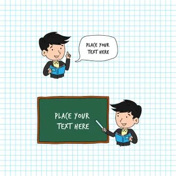 Man Teacher comic speaking bubble text. Man teaching using ruler in his hand Stock Illustration
